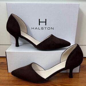 Halston D’Orsay Dark Chocolate Brown Suede Heels, brown kitten heel shoe